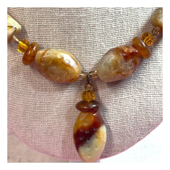 Vintage Carved Carnelian Jade Beaded Necklace Stone Beads Y Drop 18" Gemstone - Picture 3 of 9